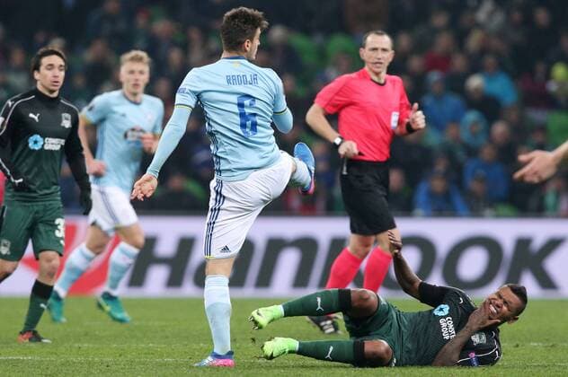 KRASNODAR, RUSSIA - MARCH 16, 2017: Celta de Vigoâ€™s Nemanja Radoja (L) and FC Krasnodarâ€™s Wanderson in action in their 2016-17 UEFA Europa League Round of 16 Leg 2 football match at Krasnodar Stadium. Celta de Vigo won the game 2-0. Vitaly Timkiv TASS  TS04489C