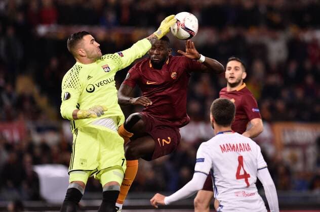 Anthony Lopes of Olympique Lyonnais saves on Antonio Rudiger of AS Roma during the UEFA Europa League match between Roma and Olympique Lyonnais at Stadio Olimpico, Rome, Italy on 16 March 2017. Copyright: xGiuseppexMaffiax 14640009