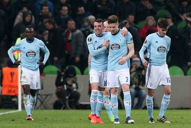 Bilder des Tages - SPORT KRASNODAR, RUSSIA - MARCH 16, 2017: Celta de Vigoâ€™s Pione Sisto, Iago Aspas, Andreu Fontas, and Jozabed (L-R) celebrate scoring in their 2016-17 UEFA Europa League Round of 16 Leg 2 football match against FC Krasnodar at Krasnodar Stadium. Celta de Vigo won the game 2-0. Vitaly Timkiv TASS  TS04489D