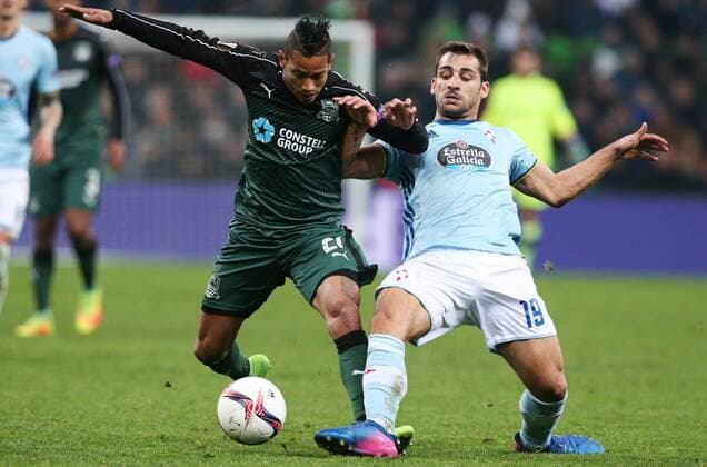 KRASNODAR, RUSSIA - MARCH 16, 2017: FC Krasnodarâ€™s Ricardo Laborde (L) and Celta de Vigoâ€™s Jonny fight for the ball in their 2016-17 UEFA Europa League Round of 16 Leg 2 football match at Krasnodar Stadium. Celta de Vigo won the game 2-0. Vitaly Timkiv TASS  TS04489F