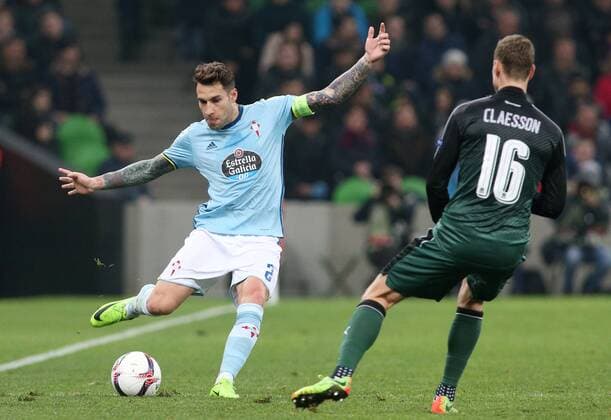KRASNODAR, RUSSIA - MARCH 16, 2017: Celta de Vigoâ€™s Hugo Mallo (L) and FC Krasnodarâ€™s Viktor Claesson fight for the ball in their 2016-17 UEFA Europa League Round of 16 Leg 2 football match at Krasnodar Stadium. Celta de Vigo won the game 2-0. Vitaly Timkiv TASS  TS0448A1