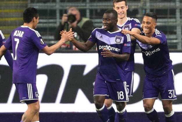 Anderlecht s Frank Acheampong celebrates after scoring during a return 1 8 final game of the Europa League competition between Belgian soccer team RSC Anderlecht and Cyprus team Apoel Nicosie in Anderlecht, Thursday 16 March 2017. First leg in Nicosie ended on a 0-1 result. VIRGINIExLEFOUR  x05066025x
