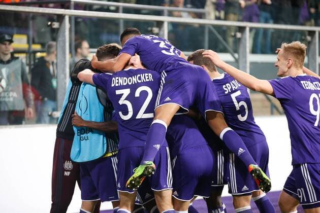 Anderlecht s players celebrate during a return 1 8 final game of the Europa League competition between Belgian soccer team RSC Anderlecht and Cyprus team Apoel Nicosie in Anderlecht, Thursday 16 March 2017. First leg in Nicosie ended on a 0-1 result. BRUNOxFAHY  x05066021x