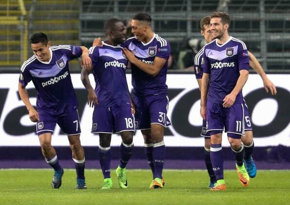 Anderlecht s Frank Acheampong celebrates after scoring during a return 1 8 final game of the Europa League competition between Belgian soccer team RSC Anderlecht and Cyprus team Apoel Nicosie in Anderlecht, Thursday 16 March 2017. First leg in Nicosie ended on a 0-1 result. VIRGINIExLEFOUR  x05066024x