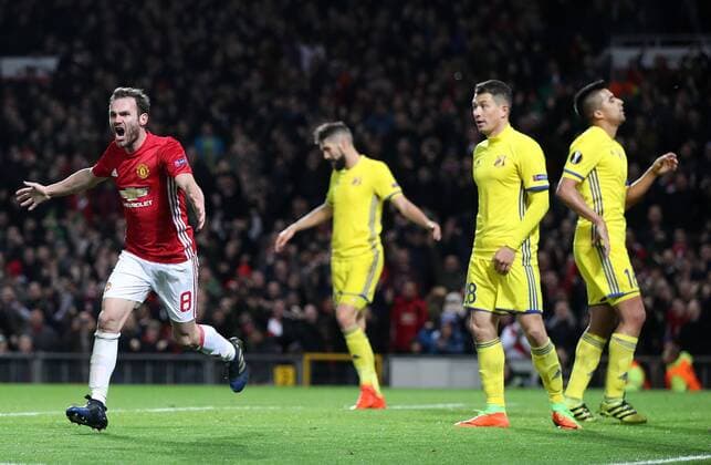 Football - 2016 2017 Europa Cup - Round 16, 2nd leg - Manchester United ManU vs FC Rostov Juan Mata of Manchester United celebrates scoring during the match at Old Trafford. 