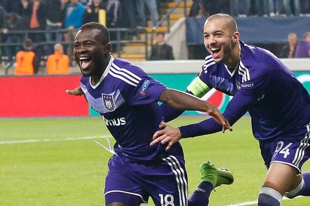 Anderlecht s Frank Acheampong celebrates after scoring during a return 1 8 final game of the Europa League competition between Belgian soccer team RSC Anderlecht and Cyprus team Apoel Nicosie in Anderlecht, Thursday 16 March 2017. First leg in Nicosie ended on a 0-1 result. BRUNOxFAHY  x05066006x