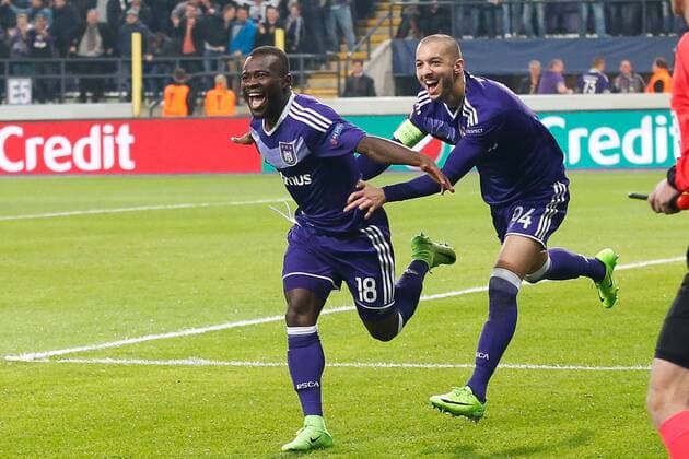 Anderlecht s Frank Acheampong celebrates after scoring during a return 1 8 final game of the Europa League competition between Belgian soccer team RSC Anderlecht and Cyprus team Apoel Nicosie in Anderlecht, Thursday 16 March 2017. First leg in Nicosie ended on a 0-1 result. BRUNOxFAHY  x05066005x