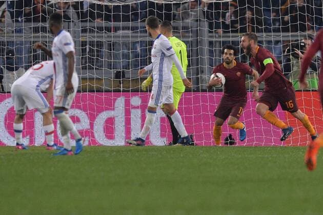 Esultanza di Mohamed Salah Roma, dopo auto gol di Lucas Tousart Lyonnais. Goal celebration. Football, Roma 16-03-2017 Europa League 2016 2017 Round of 16 AS Rom - Olympique Lyon AntoxBaldassarre
