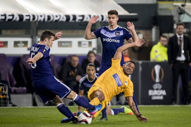 (L-R) Uros Spajic of RSC Anderlecht, Lorenzo Ebecilio of Apoel FC, Leander Dendoncker of RSC Anderlechtduring the UEFA Europa League round of 16 match between RSC Anderlecht and APOEL on March 16, 2017 at Constant Vanden Stock Stadium in Brussels, Belgium. RSC Anderlecht v APOEL UEFA Europa League 2016 2017 xVIxGerritxvanxKeulenxIVx 7354813