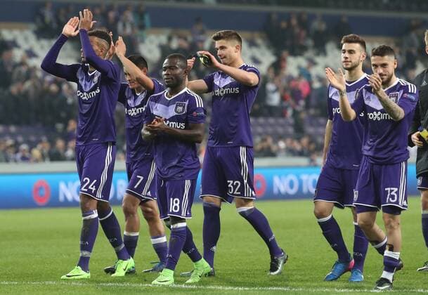 Anderlecht s players celebrate after winning a return 1 8 final game of the Europa League competition between Belgian soccer team RSC Anderlecht and Cyprus team Apoel Nicosie in Anderlecht, Thursday 16 March 2017. First leg in Nicosie ended on a 0-1 result. VIRGINIExLEFOUR  x05066060x