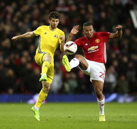 Luis Antonio Valencia of Manchester United ManU challenges Denis Teretyev of FC Rostov during the UEFA Europa League Round of 16 2nd leg match at Old Trafford Stadium, Manchester. Picture date: March 16th, 2017. Pic credit should read: Matt McNulty Sportimage EDITORIAL USE ONLY. No use with unauthorised audio, video, data, fixture lists, club league logos or live services. Online in-match use limited to 120 images, no video emulation. No use in betting, games or single club league player publications.