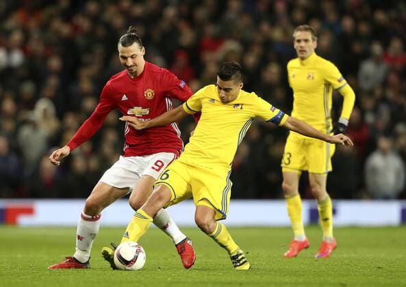 Zlatan Ibrahimovic of Manchester United ManU battles with Cristian Noboa of FC Rostov during the UEFA Europa League Round of 16 2nd leg match at Old Trafford Stadium, Manchester. Picture date: March 16th, 2017. Pic credit should read: Matt McNulty Sportimage EDITORIAL USE ONLY. No use with unauthorised audio, video, data, fixture lists, club league logos or live services. Online in-match use limited to 120 images, no video emulation. No use in betting, games or single club league player publications.