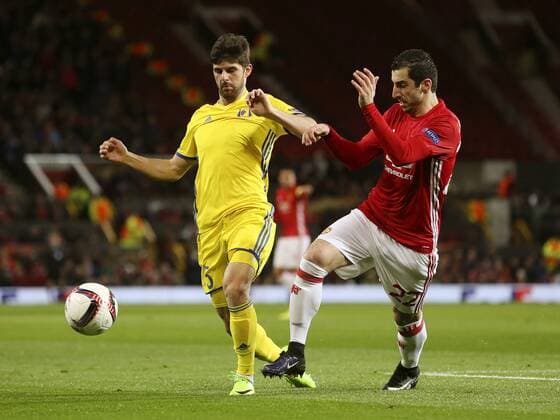 Denis Teretyev of FC Rostov and Henrikh Mkhitaryan of Manchester United ManU during the UEFA Europa League Round of 16 2nd leg match at Old Trafford Stadium, Manchester. Picture date: March 16th, 2017. Pic credit should read: Matt McNulty Sportimage EDITORIAL USE ONLY. No use with unauthorised audio, video, data, fixture lists, club league logos or live services. Online in-match use limited to 120 images, no video emulation. No use in betting, games or single club league player publications.