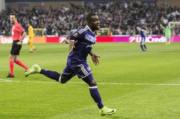 Frank Acheampong of RSC Anderlecht celebrate his goalduring the UEFA Europa League round of 16 match between RSC Anderlecht and APOEL on March 16, 2017 at Constant Vanden Stock Stadium in Brussels, Belgium. RSC Anderlecht v APOEL UEFA Europa League 2016 2017 xVIxGerritxvanxKeulenxIVx 7354962
