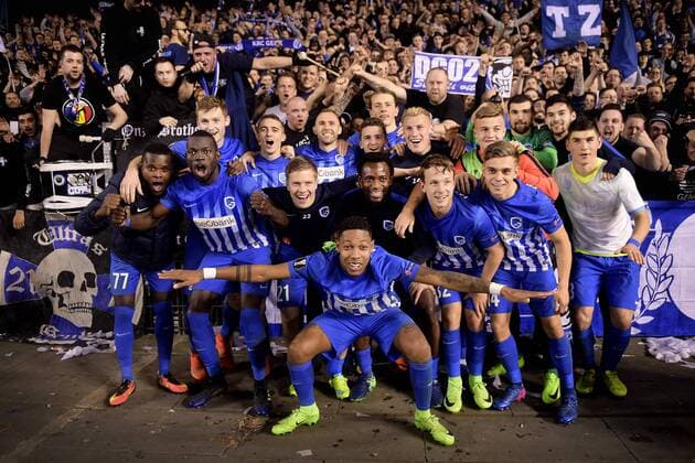 Genk s players celebrate after winning the return game of 1 8 finals of the Europa League competition between Belgian soccer team KRC Genk and Belgian club KAA Gent, Thursday 16 March 2017, in Genk. First leg in Gent ended on a 2-5 result. YORICKxJANSENS  x05066071x