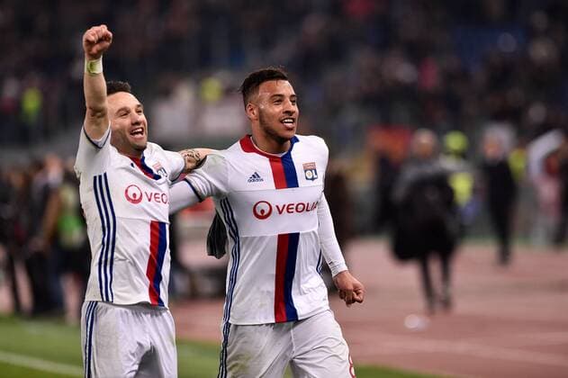 March 16, 2017 - Rome, Italy - Corentin Tolisso of Olympique Lyonnais and Mathieu Valbuena of Olympique Lyonnais celebrate the victory after the UEFA Europa League match between Roma and Olympique Lyonnais at Stadio Olimpico, Rome, Italy on 16 March 2017 Roma v Olympique Lyonnais UEFA Europa League  - ZUMAn230 20170316_zaa_n230_165 Copyright: xGiuseppexMaffiax