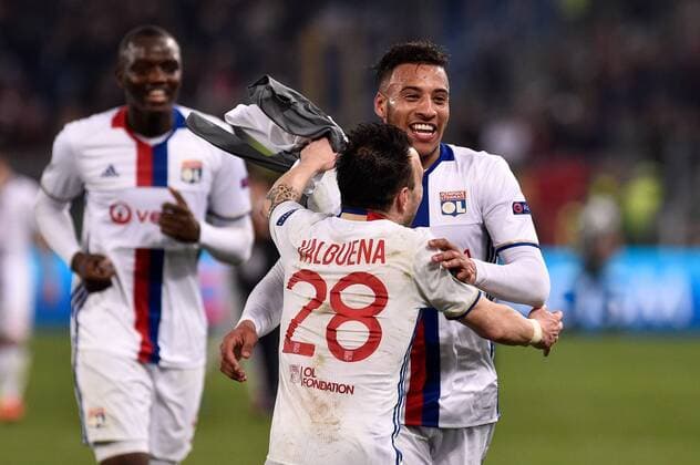March 16, 2017 - Rome, Italy - Corentin Tolisso of Olympique Lyonnais and Mathieu Valbuena of Olympique Lyonnais celebrate the victory after the UEFA Europa League match between Roma and Olympique Lyonnais at Stadio Olimpico, Rome, Italy on 16 March 2017 Roma v Olympique Lyonnais UEFA Europa League  - ZUMAn230 20170316_zaa_n230_184 Copyright: xGiuseppexMaffiax