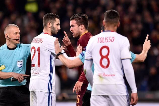 March 16, 2017 - Rome, Italy - Kevin Strootman of AS Roma and Maxime Gonalons of Olympique Lyonnais during the UEFA Europa League match between Roma and Olympique Lyonnais at Stadio Olimpico, Rome, Italy on 16 March 2017 Roma v Olympique Lyonnais UEFA Europa League  - ZUMAn230 20170316_zaa_n230_189 Copyright: xGiuseppexMaffiax