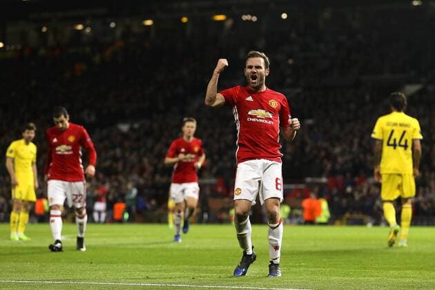 Juan Mata of Manchester United ManU celebrates after scoring his sides first goal during the UEFA Europa League Round of 16 2nd leg match at Old Trafford Stadium, Manchester. Picture date: March 16th, 2017. Pic credit should read: Matt McNulty Sportimage EDITORIAL USE ONLY. No use with unauthorised audio, video, data, fixture lists, club league logos or live services. Online in-match use limited to 120 images, no video emulation. No use in betting, games or single club league player publications.