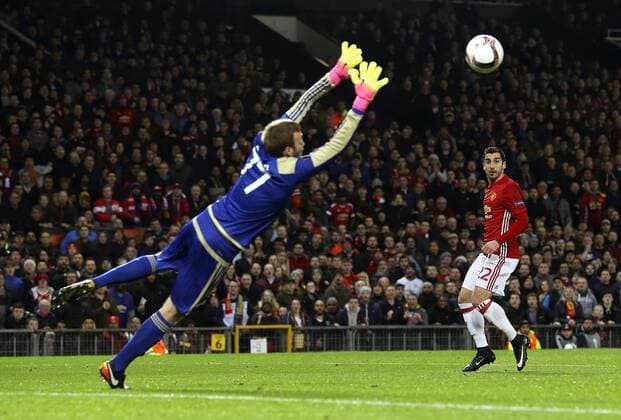 Henrikh Mkhitaryan of Manchester United ManU fires a shot at goal past Nikita Medvedev of FC Rostov during the UEFA Europa League Round of 16 2nd leg match at Old Trafford Stadium, Manchester. Picture date: March 16th, 2017. Pic credit should read: Matt McNulty Sportimage EDITORIAL USE ONLY. No use with unauthorised audio, video, data, fixture lists, club league logos or live services. Online in-match use limited to 120 images, no video emulation. No use in betting, games or single club league player publications.