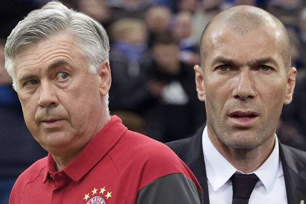Kracher-Los für den FC Bayern. Der Rekordmeister trifft im Champions-League-Viertelfinale auf Titelverteidiger Real Madrid..FOTOMONTAGE; v.li:Carlo ANCELOTTI (Trainer FCB) trifft auf seinen ehemaligen Co Trainer Zinedine ZIDANE (Trainer Madrid).