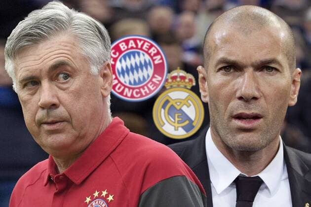 Kracher-Los für den FC Bayern. Der Rekordmeister trifft im Champions-League-Viertelfinale auf Titelverteidiger Real Madrid..FOTOMONTAGE; v.li:Carlo ANCELOTTI (Trainer FCB) trifft auf seinen ehemaligen Co Trainer Zinedine ZIDANE (Trainer Madrid).