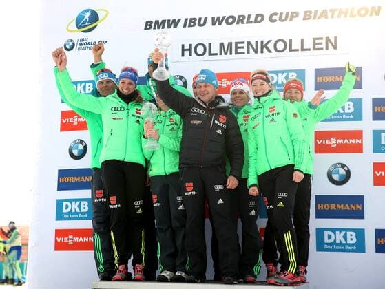 BIATHLON - IBU WC Final Oslo OSLO,NORWAY,17.MAR.17 - BIATHLON - IBU World Cup Final, award ceremony for the Nations World Cup and Relay World Cup, ladies. Image shows the rejoicing of team GER. GEPAxpictures xPhilippxBrem