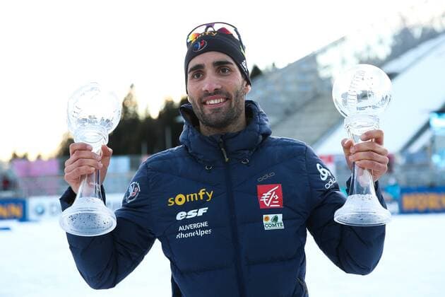 BIATHLON - IBU WC Final Oslo OSLO,NORWAY,17.MAR.17 - BIATHLON - IBU World Cup Final, award ceremony for the Individual and Sprint World Cup, men. Image shows the rejoicing of Martin Fourcade (FRA). Keywords: crystal globe. GEPAxpictures xPhilippxBrem