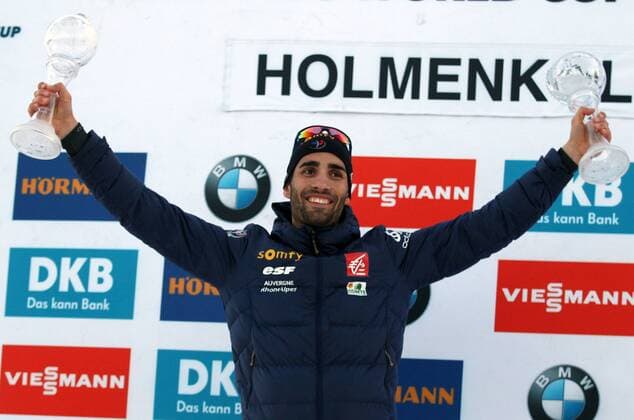 HOLMENKOLLEN, NORWAY - MARCH 17, 2017: Martin Fourcade of France is awarded a small Crystal Globe trophy for the first place in the 2016 2017 Season total for the men s 10km sprint event and a small Crystal Globe trophy for the first place in the 2016 2017 Season total for individual races, at 2016 2017 IBU World Cup Biathlon 9 in Holmenkollen, Oslo. Andrei Anosov Russian Biathlon Union TASS  TS044A1C