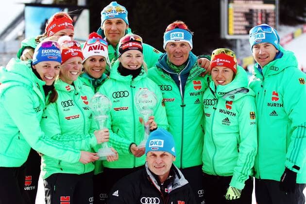 HOLMENKOLLEN, NORWAY - MARCH 17, 2017: German biathletes pose for a group photo with their trophies after the women s 7.5km sprint event at 2016 2017 IBU World Cup Biathlon 9 in Holmenkollen, Oslo. Andrei Anosov Russian Biathlon Union TASS  TS044B0F