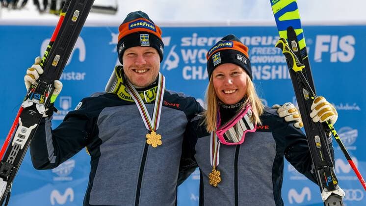 FREESTYLE SKIING - FIS WC 2017 SIERRA NEVADA,SPAIN,18.MAR.17 - FREESTYLE SKIING - FIS Freestyle Ski and Snowboard World Championships, Ski Cross, ladies men, award ceremony. Image shows Victor Oehling Norberg and Sandra Naeslund (SWE) with thir gold medals. Keywords: medal. GEPAxpictures xOliverxLerch