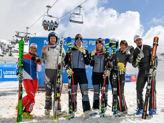 FREESTYLE SKIING - FIS WC 2017 SIERRA NEVADA,SPAIN,18.MAR.17 - FREESTYLE SKIING - FIS Freestyle Ski and Snowboard World Championships, Ski Cross, ladies men, award ceremony. Image shows the poium of ladies and men: Fanny Smith (SUI), Jamie Prebble (NZL), Victor Oehling Norberg, Sandra Naeslund (SWE), Ophelie David and Francois Place (FRA). Keywords: medal, Stoeckli. GEPAxpictures xOliverxLerch