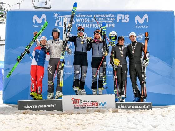 FREESTYLE SKIING - FIS WC 2017 SIERRA NEVADA,SPAIN,18.MAR.17 - FREESTYLE SKIING - FIS Freestyle Ski and Snowboard World Championships, Ski Cross, ladies men, award ceremony. Image shows the poium of ladies and men: Fanny Smith (SUI), Jamie Prebble (NZL), Victor Oehling Norberg, Sandra Naeslund (SWE), Ophelie David and Francois Place (FRA). Keywords: medal, Stoeckli. GEPAxpictures xOliverxLerch