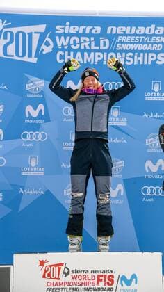 FREESTYLE SKIING - FIS WC 2017 SIERRA NEVADA,SPAIN,18.MAR.17 - FREESTYLE SKIING - FIS Freestyle Ski and Snowboard World Championships, Ski Cross, ladies men, award ceremony. Image shows the rejoicing of Sandra Naeslund (SWE). GEPAxpictures xOliverxLerch