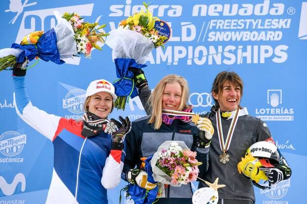FREESTYLE SKIING - FIS WC 2017 SIERRA NEVADA,SPAIN,18.MAR.17 - FREESTYLE SKIING - FIS Freestyle Ski and Snowboard World Championships, Ski Cross, ladies men, award ceremony. Image shows the podium of the ladies: Fanny Smith (SUI), Sandra Naeslund (SWE) and Ophelie David (FRA). Keywords: Stoeckli, medal. GEPAxpictures xOliverxLerch