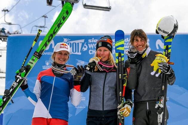 FREESTYLE SKIING - FIS WC 2017 SIERRA NEVADA,SPAIN,18.MAR.17 - FREESTYLE SKIING - FIS Freestyle Ski and Snowboard World Championships, Ski Cross, ladies men, award ceremony. Image shows the podium of the ladies: Fanny Smith (SUI), Sandra Naeslund (SWE) and Ophelie David (FRA). Keywords: Stoeckli, medal. GEPAxpictures xOliverxLerch