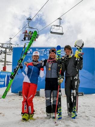 FREESTYLE SKIING - FIS WC 2017 SIERRA NEVADA,SPAIN,18.MAR.17 - FREESTYLE SKIING - FIS Freestyle Ski and Snowboard World Championships, Ski Cross, ladies men, award ceremony. Image shows the podium of the ladies: Fanny Smith (SUI), Sandra Naeslund (SWE) and Ophelie David (FRA). Keywords: Stoeckli, medal. GEPAxpictures xOliverxLerch