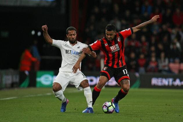 Football - 2016 2017 Premier League - AFC Bournemouth vs. Swansea City Bournemouth s Joshua King and Wayne Routledge of Swansea City in action at the Vitality Stadium (Dean Court) Bournemouth COLORSPORT SHAUN BOGGUST 
