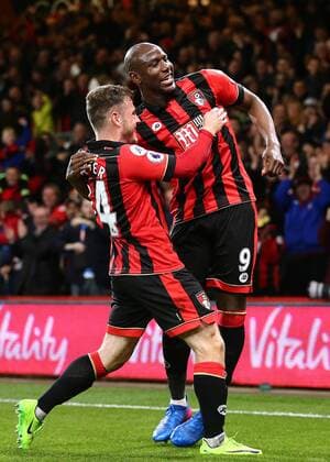 March 18th 2017, The Vitality Stadium, Bournemouth, Dorset, England; EPL Premier League football, AFC Bournemouth versus Swansea City; Benik Afobe of Bournemouth celebrates his 72nd minute goal with Ryan Fraser, 2-0 Bournemouth xMarkxKertonx  ActionPlus11858192