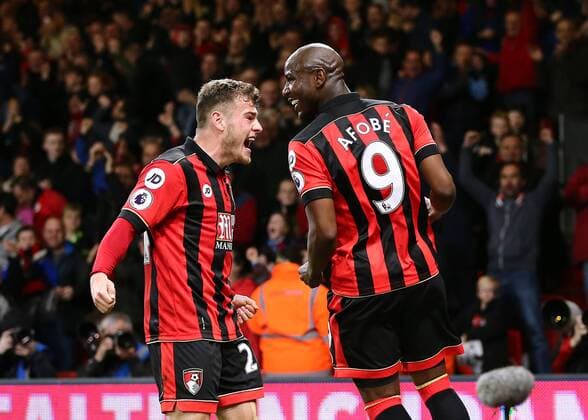 March 18th 2017, The Vitality Stadium, Bournemouth, Dorset, England; EPL Premier League football, AFC Bournemouth versus Swansea City; Benik Afobe of Bournemouth celebrates his 72nd minute goal with Ryan Fraser, 2-0 Bournemouth xMarkxKertonx  ActionPlus11858193