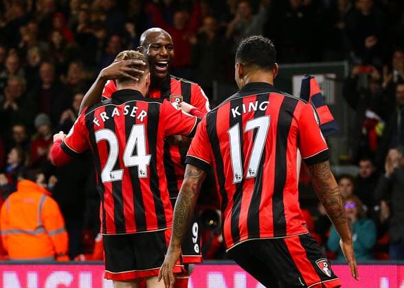 March 18th 2017, The Vitality Stadium, Bournemouth, Dorset, England; EPL Premier League football, AFC Bournemouth versus Swansea City; Benik Afobe of Bournemouth celebrates his 72nd minute goal with Ryan Fraser and Joshua King, 2-0 Bournemouth xMarkxKertonx  ActionPlus11858194