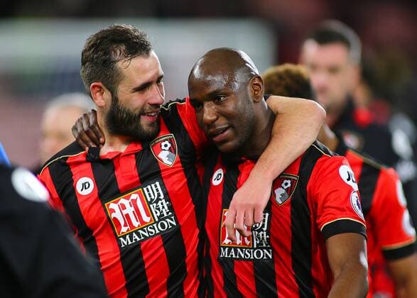 March 18th 2017, The Vitality Stadium, Bournemouth, Dorset, England; EPL Premier League football, AFC Bournemouth versus Swansea City; Steve Cook of Bournemouth congratulates Benik Afobe of Bournemouth as they leave the pitch at full time xMarkxKertonx  ActionPlus11858197