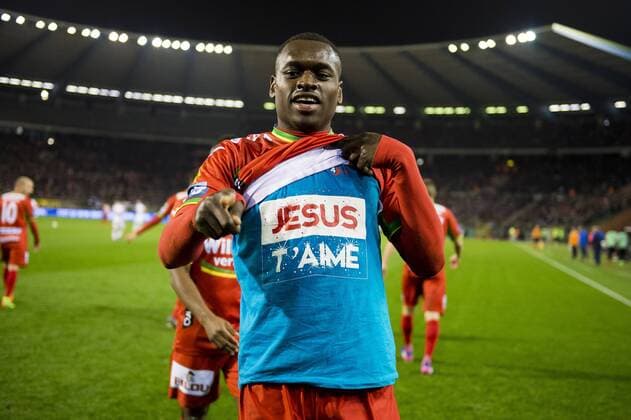 Oostende s Landry Nany Dimata celebrate after scoring during Croky Cup soccer final between SV Zulte Waregem and KV Oostende, on Saturday 18 March 2017, in Brussels. JASPERxJACOBS  x05066863x