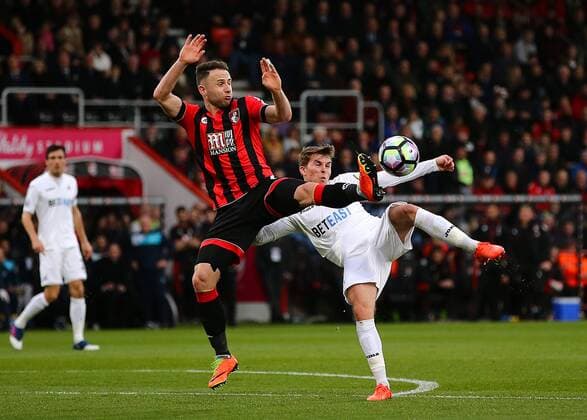 March 18th 2017, The Vitality Stadium, Bournemouth, Dorset, England; EPL Premier League football, AFC Bournemouth versus Swansea City; Marc Pugh of Bournemouth attempts a block on Tom Carroll of Swansea, during a Swansea City attack xMarkxKertonx  ActionPlus11858360