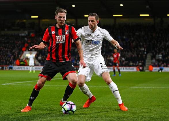 March 18th 2017, The Vitality Stadium, Bournemouth, Dorset, England; EPL Premier League football, AFC Bournemouth versus Swansea City; Dan Gosling of Bournemouth feels pressure from Gylfi Sigurdsson of Swansea, during a Bournemouth attack xMarkxKertonx  ActionPlus11858364