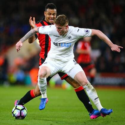 March 18th 2017, The Vitality Stadium, Bournemouth, Dorset, England; EPL Premier League football, AFC Bournemouth versus Swansea City; Alfie Mawson of Swansea is tackled from behind by Joshua King of Bournemouth xMarkxKertonx  ActionPlus11858370
