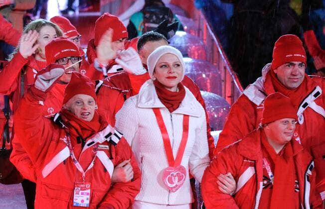 18.03.2017, Planai-Stadion, Schladming, AUT, Special Olympics 2017, Wintergames, Eroeffnungsfeier, im Bild der Einmarsch der Delegation aus Monaco mit Charlene von Monaco the delegation of Monaco with Charlene, Princess of Monaco, during the opening ceremony in the Planai Stadium at the Special Olympics World Winter games Winterspiele Spiele Summer games Austria 2017 in Schladming, Austria on 2017 03 17. Schladming  EP_mhu  