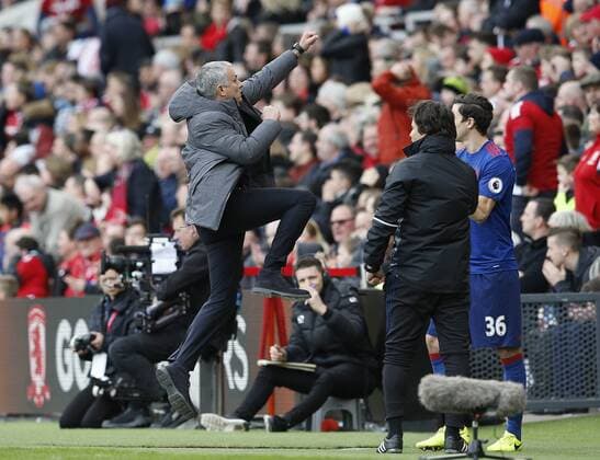 Bilder des Tages - SPORT Jose Mourinho manager of Manchester United ManU celebrates as the third goal goes in during the English Premier League match at Riverside Stadium, Middlesbrough. Picture date: March 19th 2017. Pic credit should read: Simon Bellis Sportimage EDITORIAL USE ONLY. No use with unauthorised audio, video, data, fixture lists, club league logos or live services. Online in-match use limited to 120 images, no video emulation. No use in betting, games or single club league player publications.