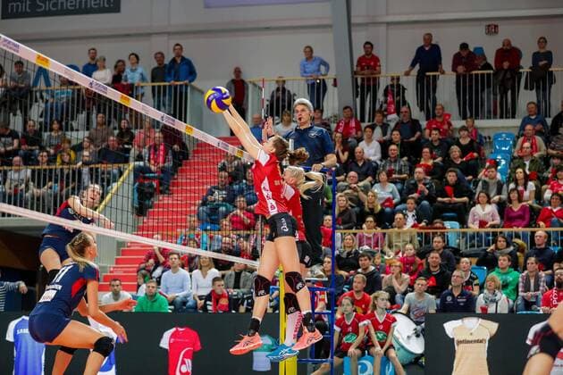 1. Bundesliga Volleyball Frauen Playoffs, 18.03.2017, Lisa Gruending, Anne-Marie Knauf, SC Potsdam beim Block, Potsdam Copyright: xKleindlx Eibner-Pressefotox EP_jkl
