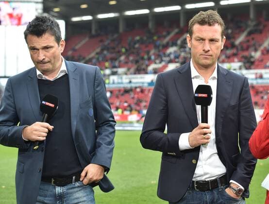19.03.2017, Fussball GER, 1. Bundesliga Saison 2016 2017, 25. Spieltag, FSV Mainz 05 - FC Schalke 04 0:1, Manager Christian Heidel (Schalke 04), li., und Trainer Markus Weinzierl (FC Schalke 04) im Sky Interview